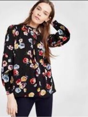 Ann Taylor Black Floral Tie-Neck Blouse
